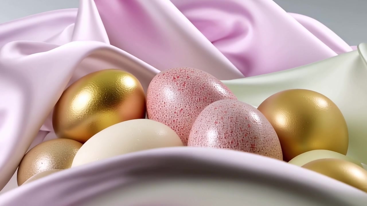 Close-up of Pastel and Gold Easter Eggs on Soft Fabric