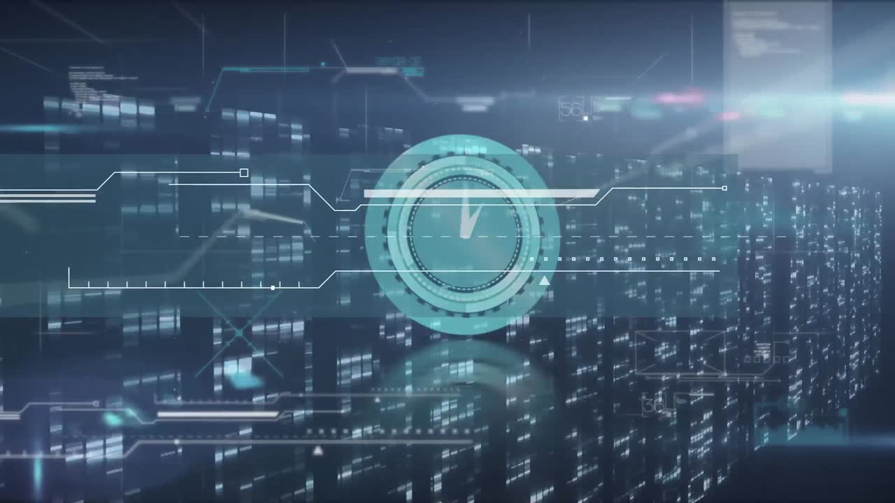 Animation of clock moving fast and data processing over computer servers