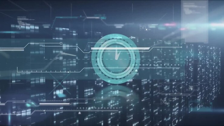 Animation of clock moving fast and data processing over computer servers