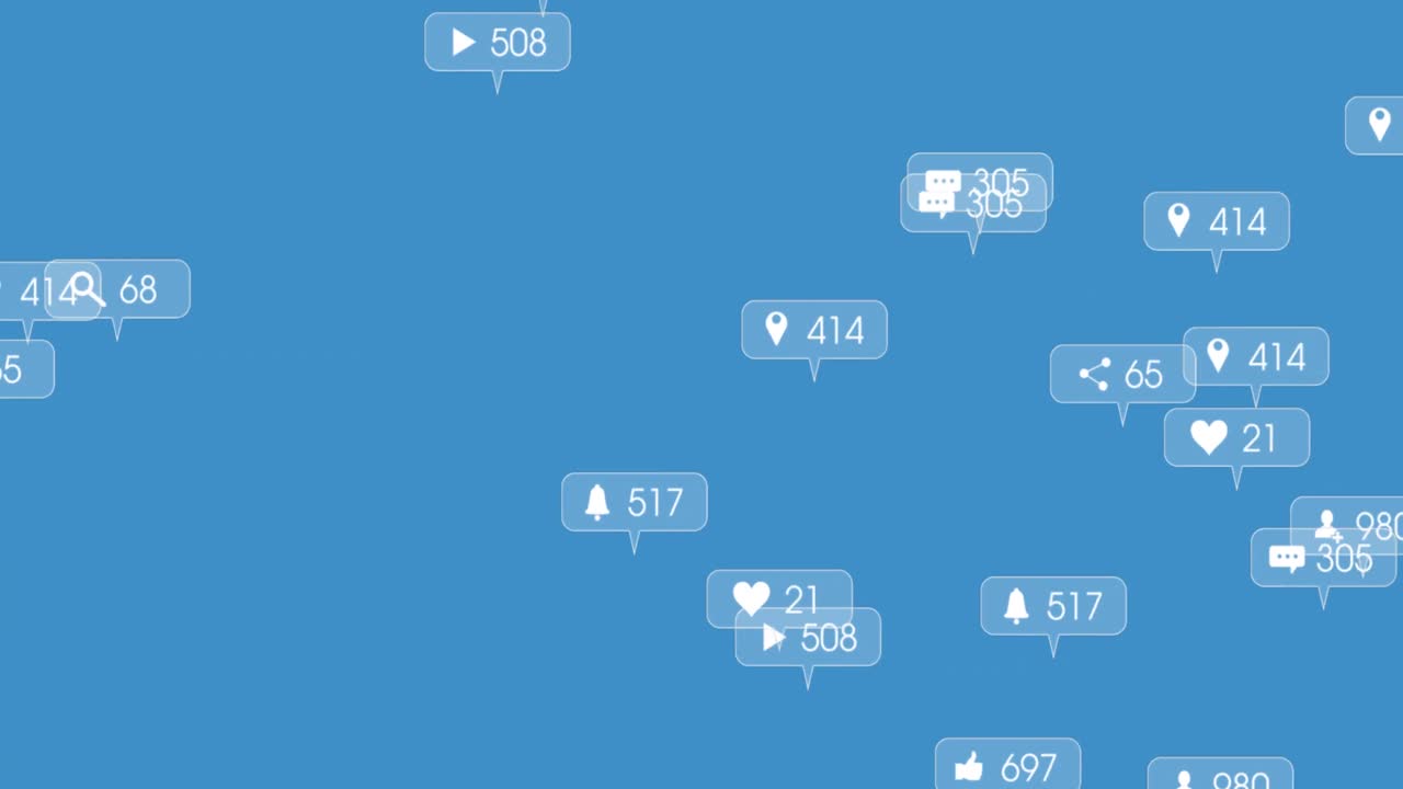 복사 공간과 함께 파란색 배경에 떠 있는 소셜 미디어 아이콘의 애니메이션