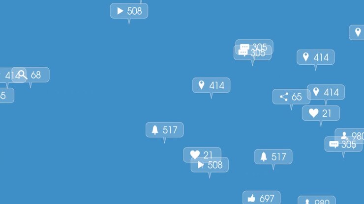 Animation of social media icons floating against blue background with copy space