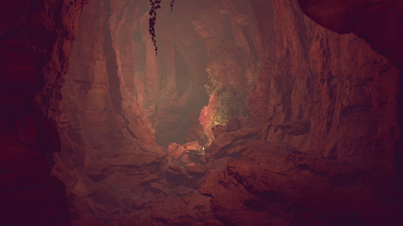 una cueva de roca roja con una luz brillando en la distancia