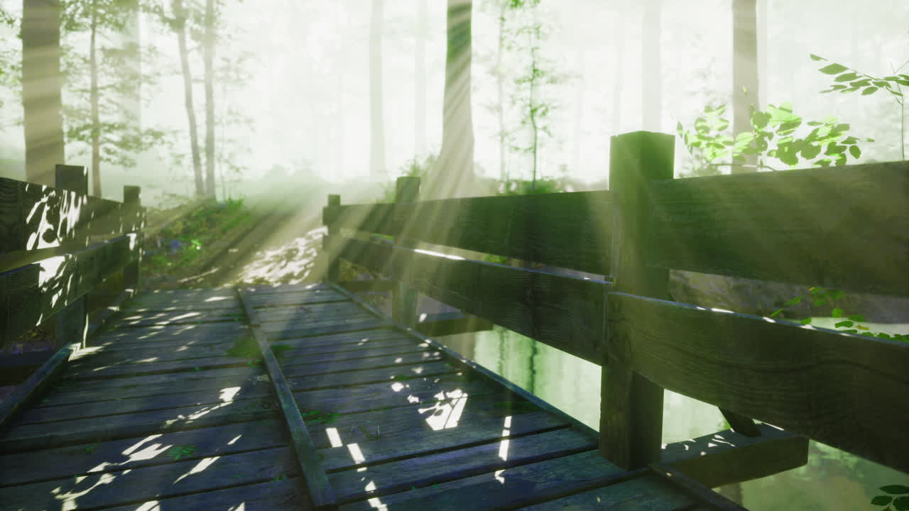 Peaceful wooden bridge in a foggy forest with sunlight filtering through trees
