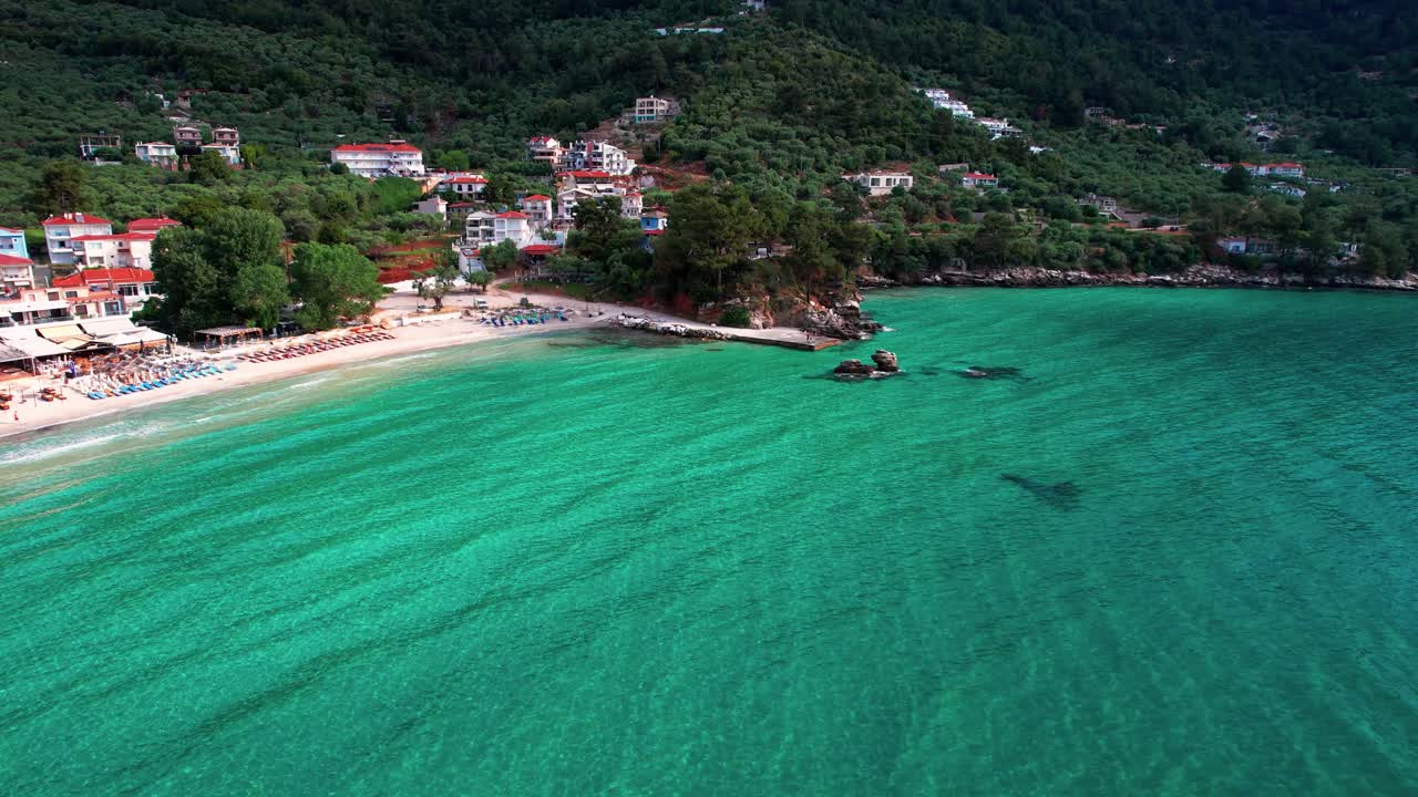 Top Down View Of The Beautiful Golden Beach With Vivid Turquoise Watercolour, And Lush Vegetation, Thassos Island, Greece, Europe