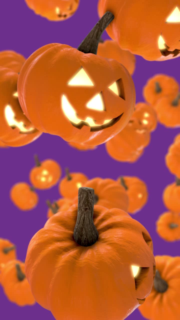 Glowing Jack-o'-Lanterns Falling on Purple Background