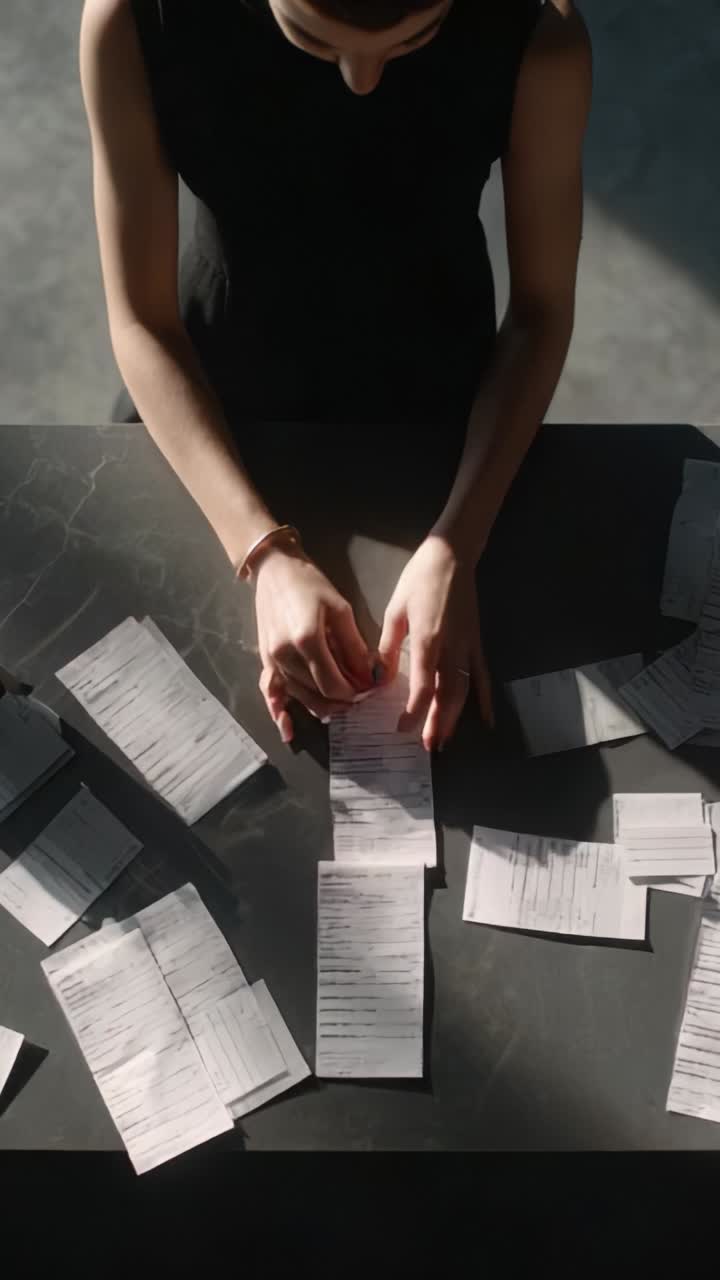 A focused individual engages in sorting and organizing a large number of paper slips on a sleek black surface, showcasing a blend of concentration and efficiency