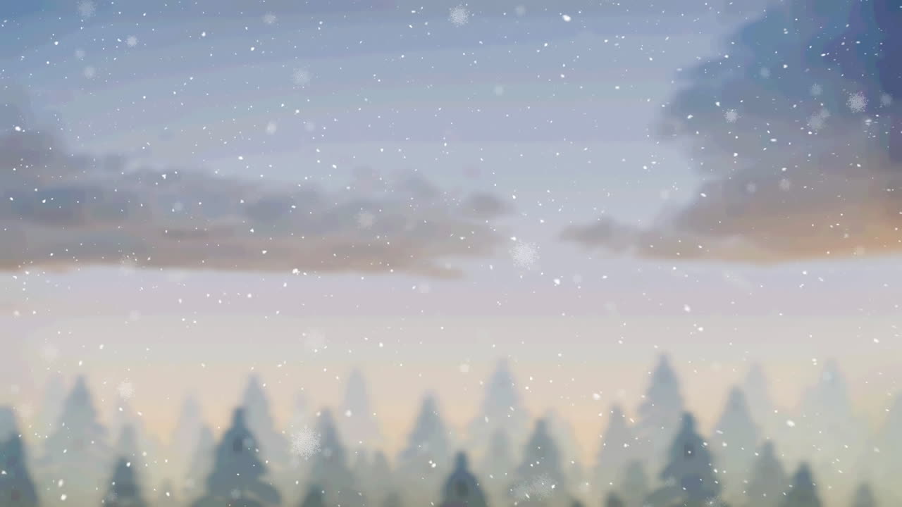 Animation of window and christmas decorations over snow falling and winter landscape