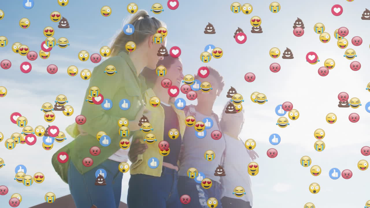 Friends bonding outdoors, demonstrating digital marketing with floating hearts thumbs up emojis