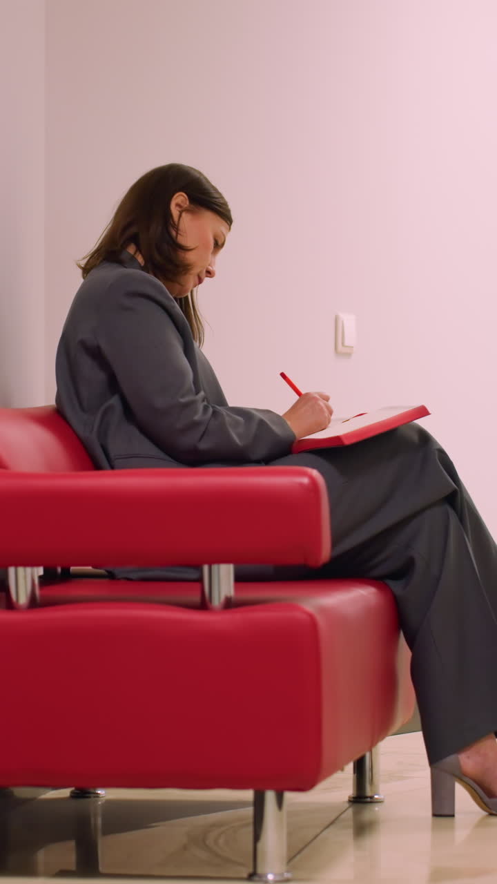 Businesswoman sitting on modern red sofa in office hallway, writing in notebook with pen. Calm, focused, professional setting. Stylish corporate environment, preparing, waiting for meeting
