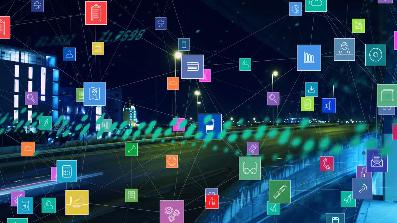 그래프, 기술 아이콘 및 밤의 도시 풍경의 애니메이션