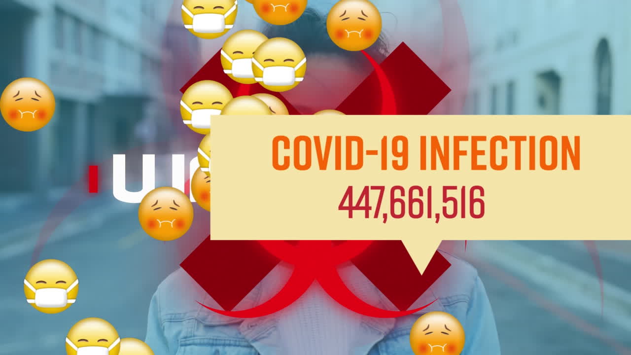 animación del procesamiento de datos de covid 19 sobre múltiples emojis enfermos con máscaras faciales