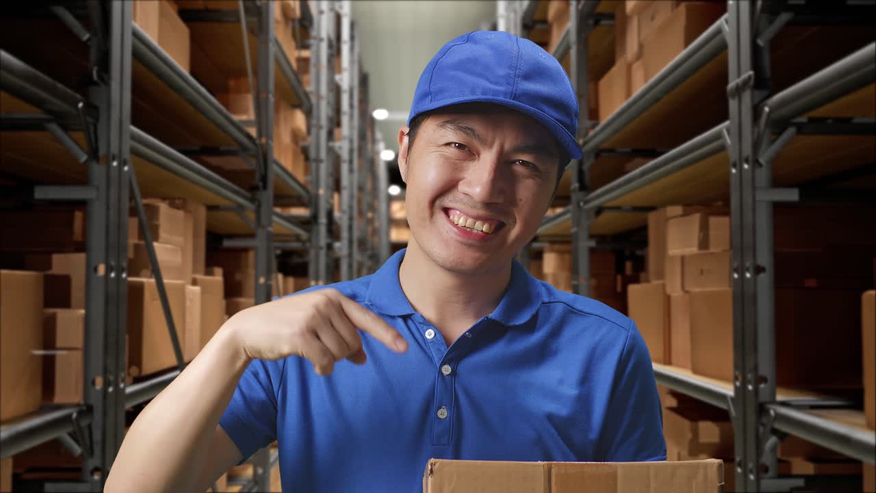 close up de mensajero masculino asiático en uniforme azul sonriendo y señalando un cartón en la mano mientras lo entrega en el almacén
