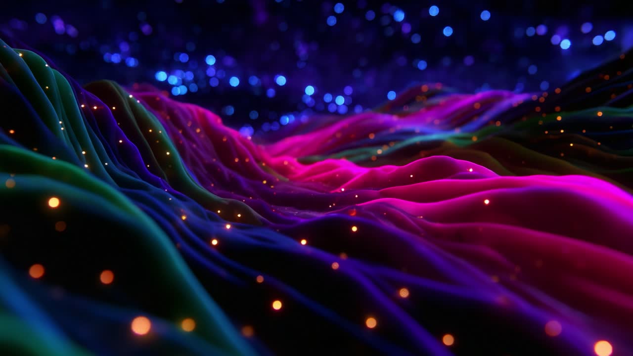 Un fantastico paesaggio digitale illuminato da particelle scintillanti, onde fluide e colori vivaci, che crea un'incantevole esperienza visiva di luce e movimento su uno sfondo cosmico