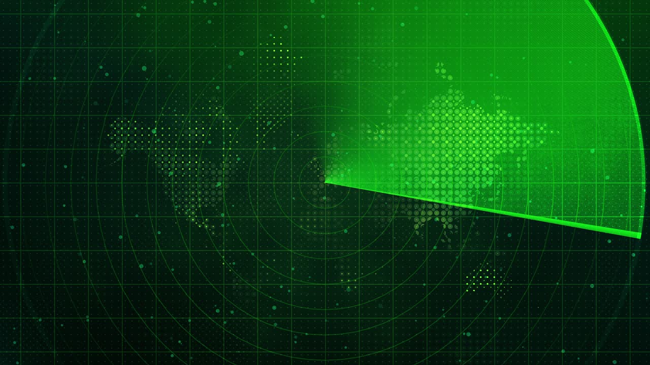 green radar screen with stylized world map and scanning radar beam - circular grid and glowing dots digital display