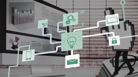 Animación-Del-Cursor,-Procesamiento-De-Datos-Y-Conexiones-Con-íconos-Sobre-La-Computadora-En-El-Escritorio-De-La-Oficina