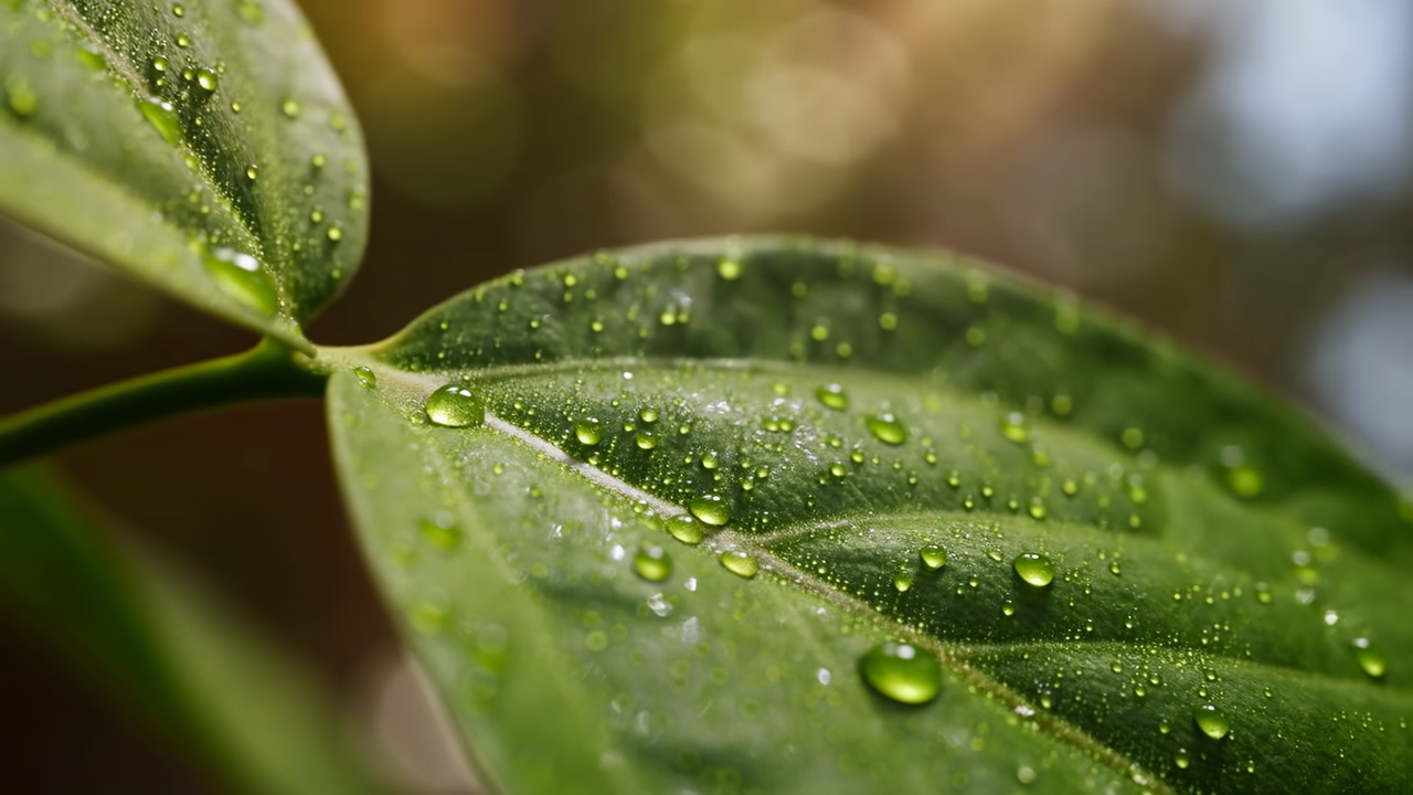 Water Droplets On Green Leaf Macro Detail, Veined Texture And Glossy Surface With Soft Amber Bokeh, Humid