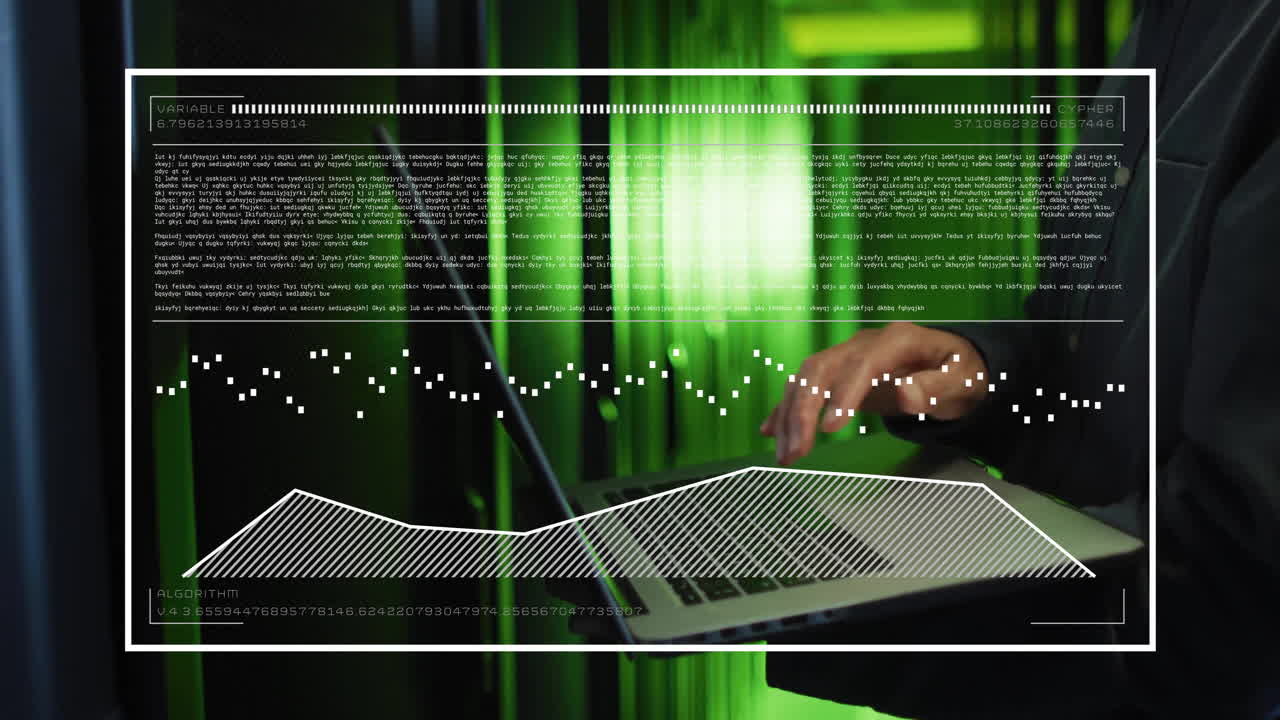 Typing on laptop, person with data analysis animation over green background
