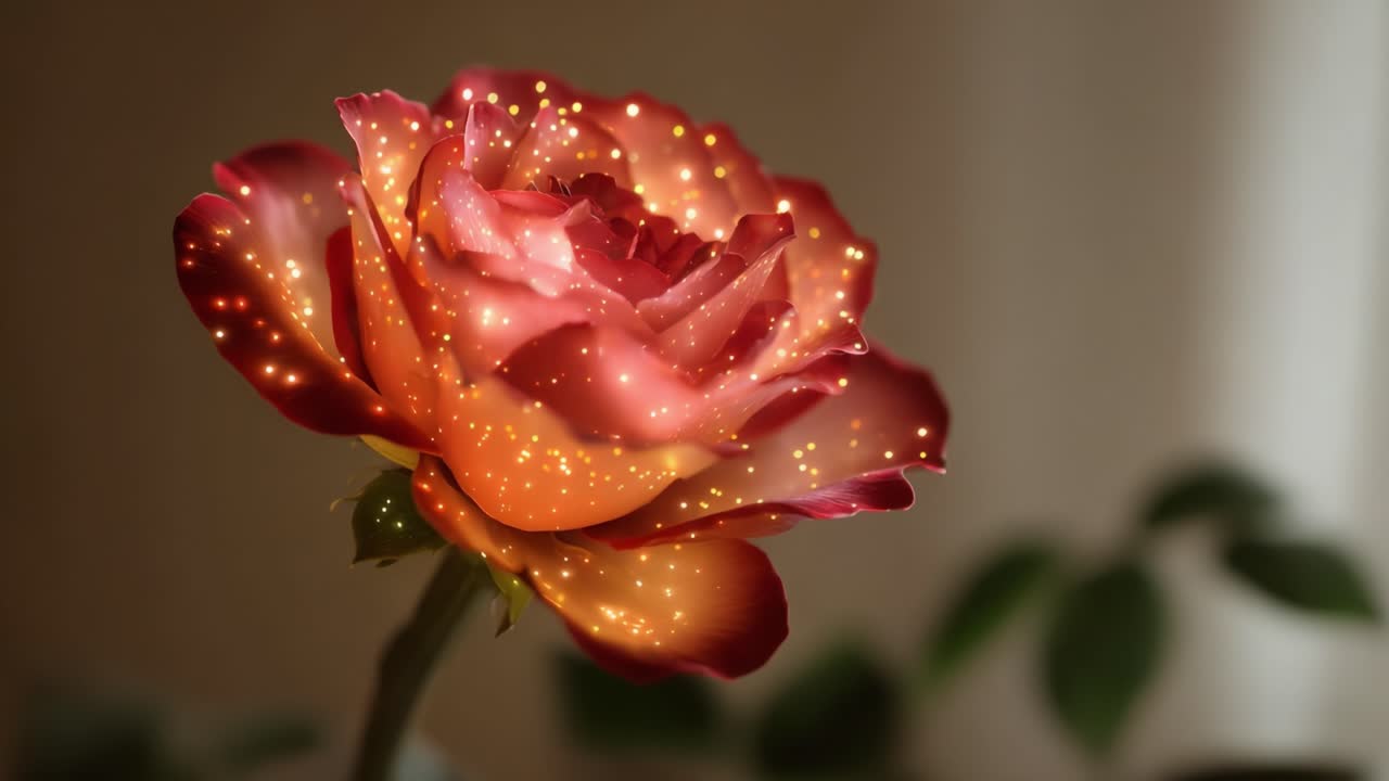Uno splendido primo piano di un bocciolo di rosa adornato con incantevoli scintillii, che cattura la bellezza e l'eleganza della natura floreale in un'atmosfera da sogno