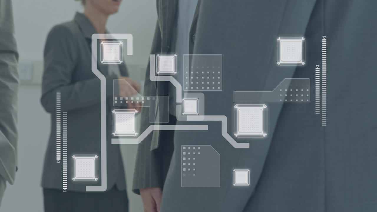 animación del procesamiento de datos financieros sobre hombres de negocios caucásicos que se dan la mano