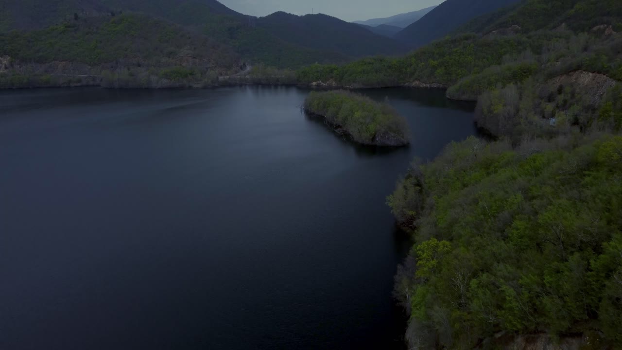 Ripresa aerea panoramica di un lago scuro e una foresta durante una tempestosa giornata invernale