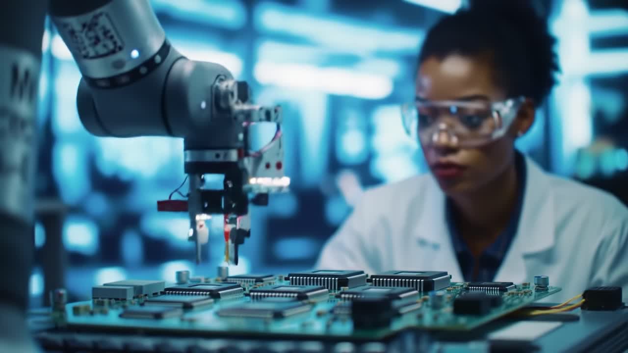 A robotic arm precision assembles circuit boards while a technician oversees the process in a modern lab filled with advanced technology. The environment showcases innovation and efficiency.