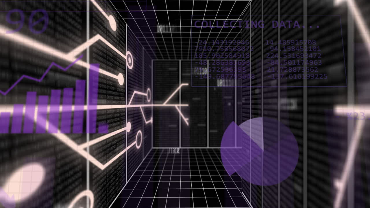 animación de la red y procesamiento de datos sobre la cuadrícula sobre fondo negro