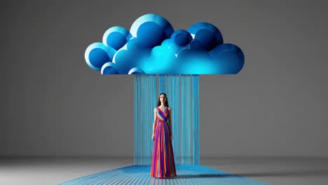 mujer en un vestido colorido bajo una nube de lluvia azul