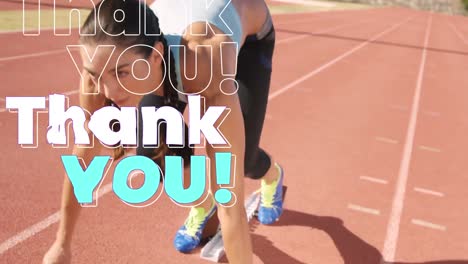 animation of thank you text in repetition in outline, white and blue over woman racing