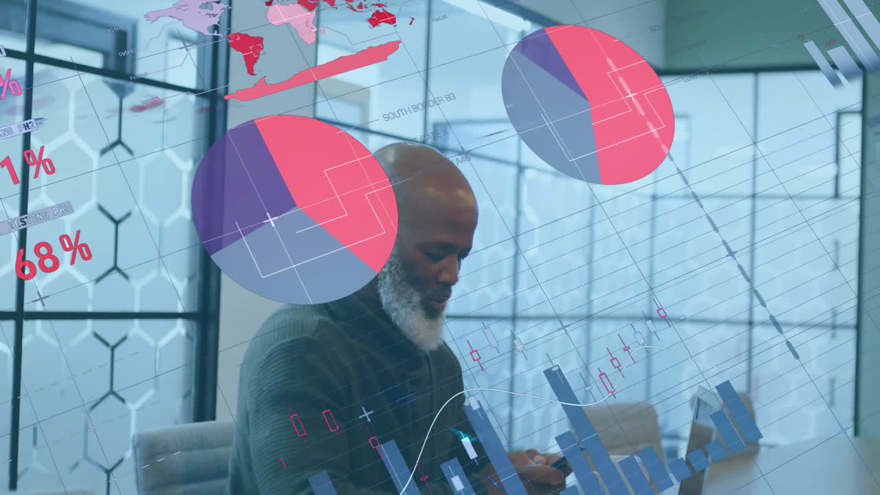 Animation of financial data processing over african american businessman using smartphone