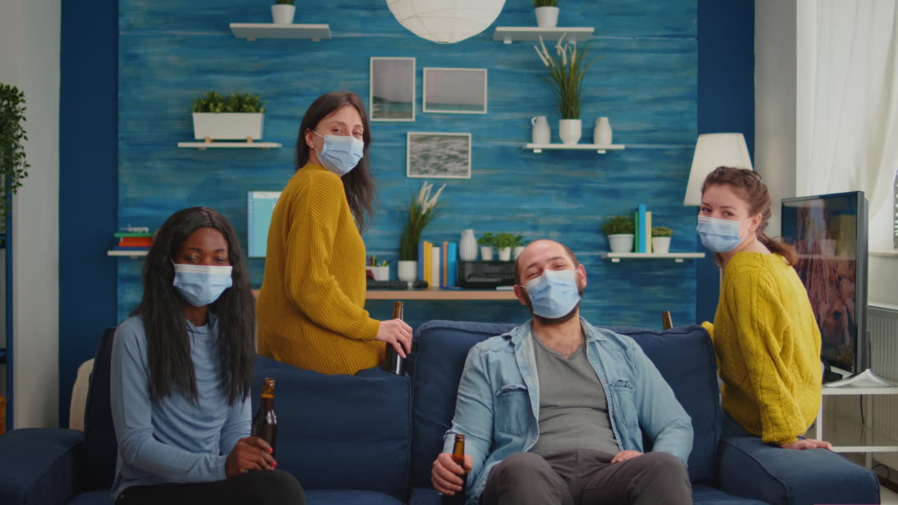 Group of multiethnic friends with face mask talking with remote people