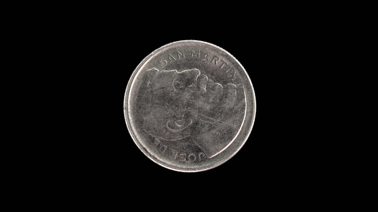 Argentina 1951 10 centavos coin reverse with bust of José de San Martín rotating on black background