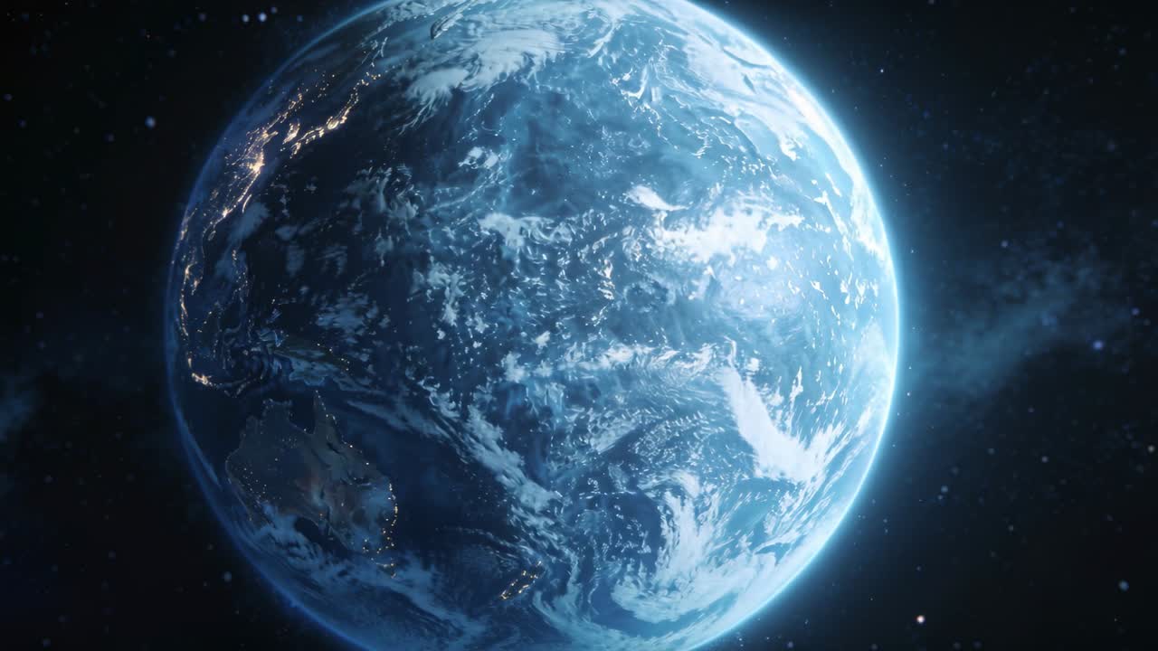 軸を中心に回転する青い惑星が宇宙で雲の動きを見せ、光の縁、街の明かり、星々を映し出す。