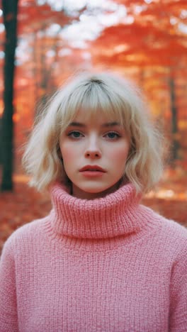 smiling woman in pink sweater in autumn forest