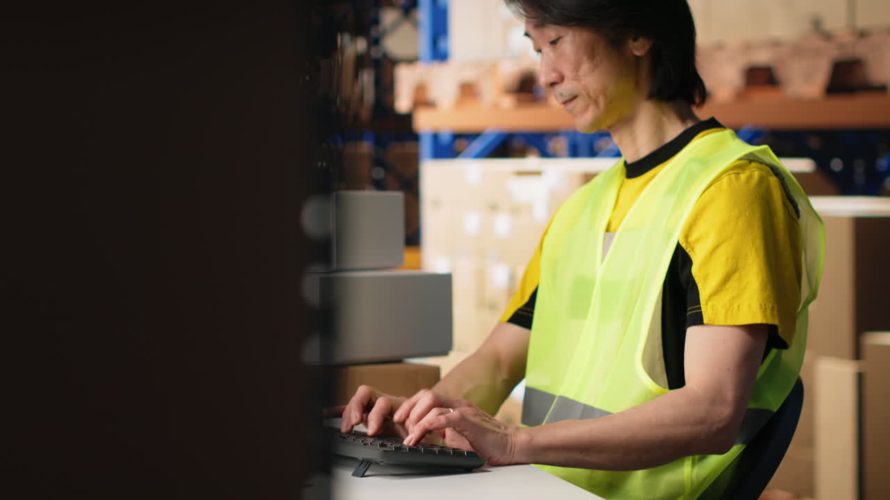 Vertical Video Man in hi vis vest reviews shipment details on awb tags for dispatch