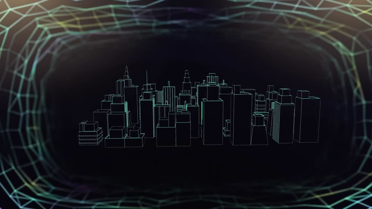 Animation of rotating metaverse city in digital black space