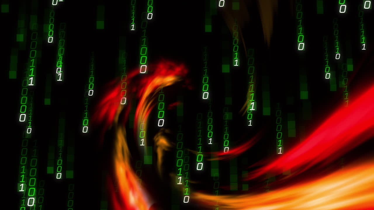 Animation of binary coding and data processing over black background
