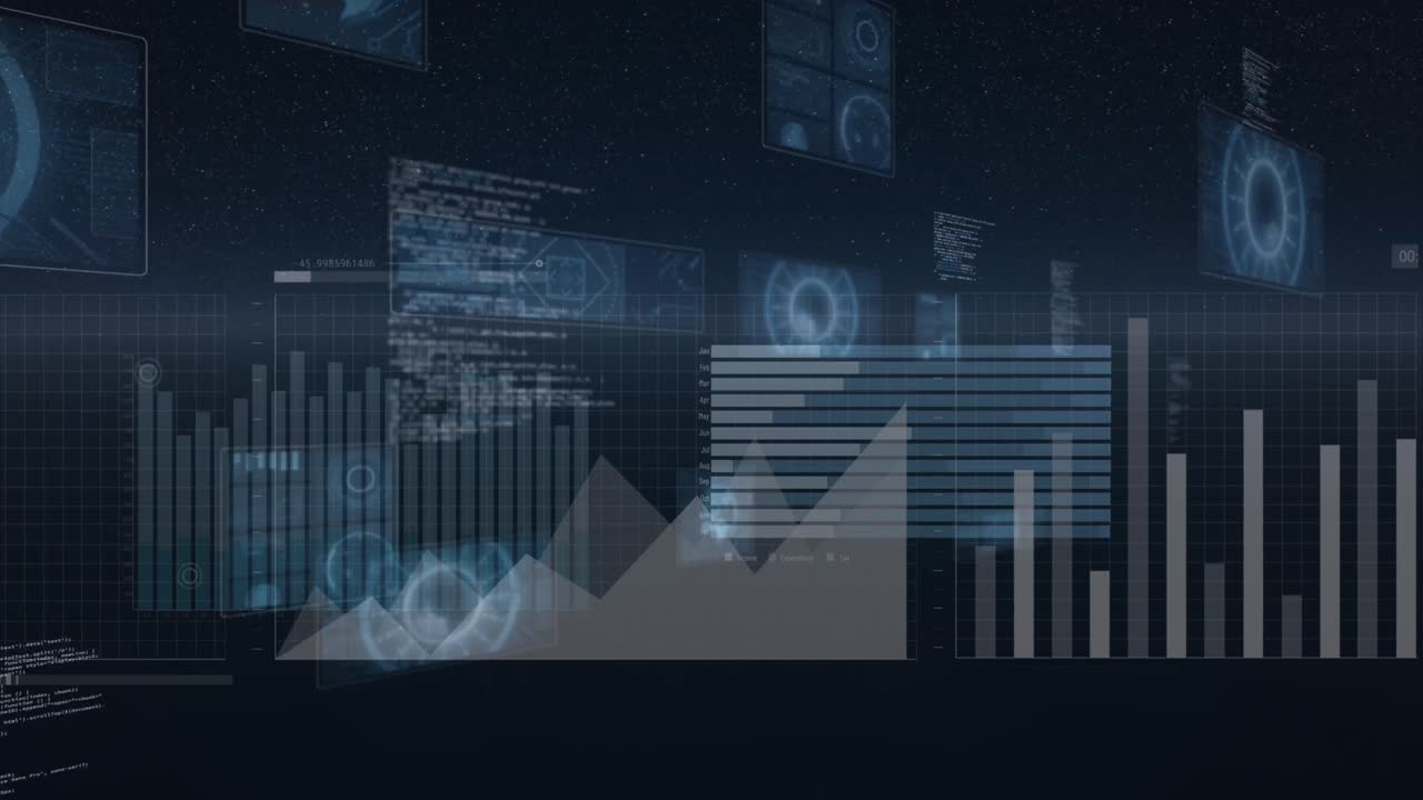 animación de gráficos, mapas del mundo y procesamiento de datos en pantallas de interfaz oscura