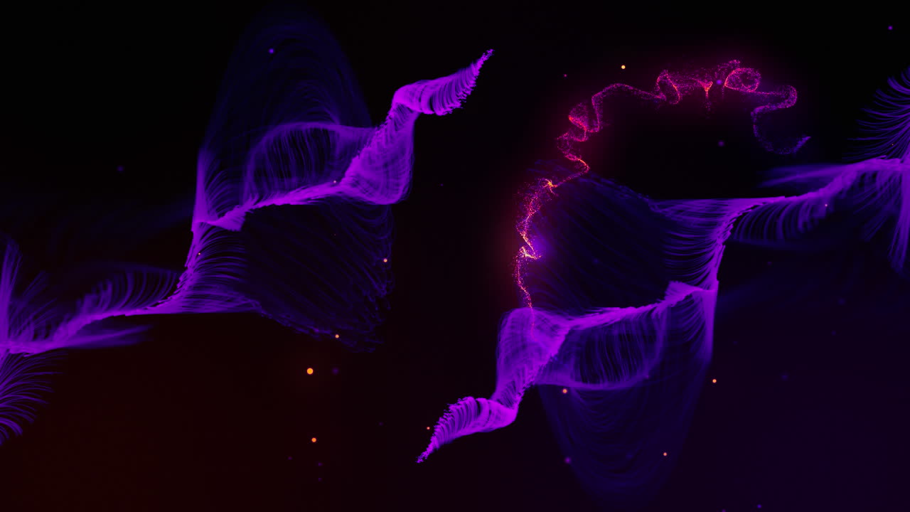 animación de múltiples puntos brillantes y rastros de luz que se mueven en movimiento hipnótico sobre un fondo negro