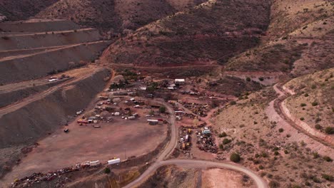 Jerome-Ghost-Town,-Arizona-USA,-Aerial-View-of-Tourist-Attraction,-Rustic-Buildings-and-Vehicles