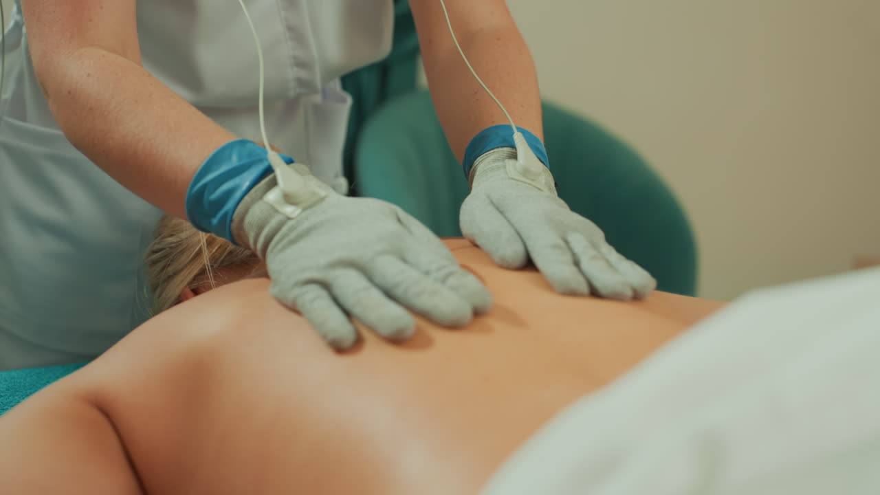 Terapista caucasica esegue un massaggio a microcorrente sulla schiena del cliente in una tranquilla sala spa, mani guantate che applicano olio con movimenti delicati, primo piano dell'avambraccio e del palmo, cliente sdraiato a pancia in giù, atmosfera soffusa.