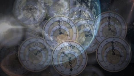 animación del planeta tierra, el sistema solar y el espacio sobre relojes que tiquetean