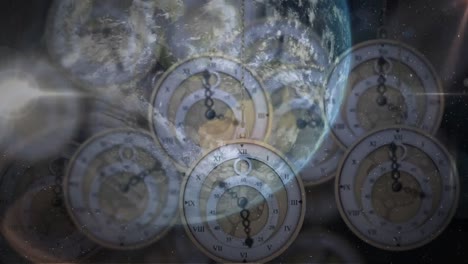 animation of planet earth, solar system and space over clocks ticking