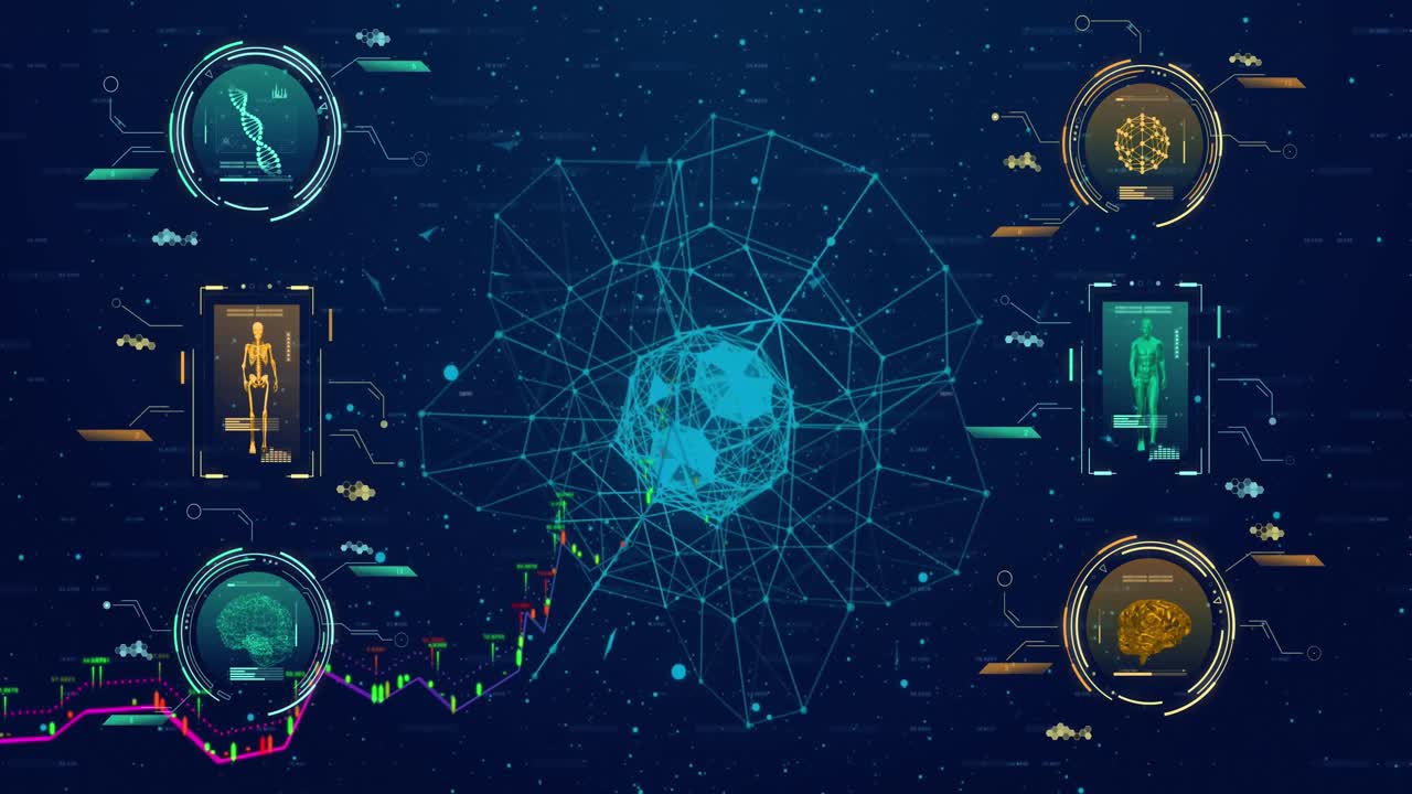 Animation of data processing and shapes on blue background