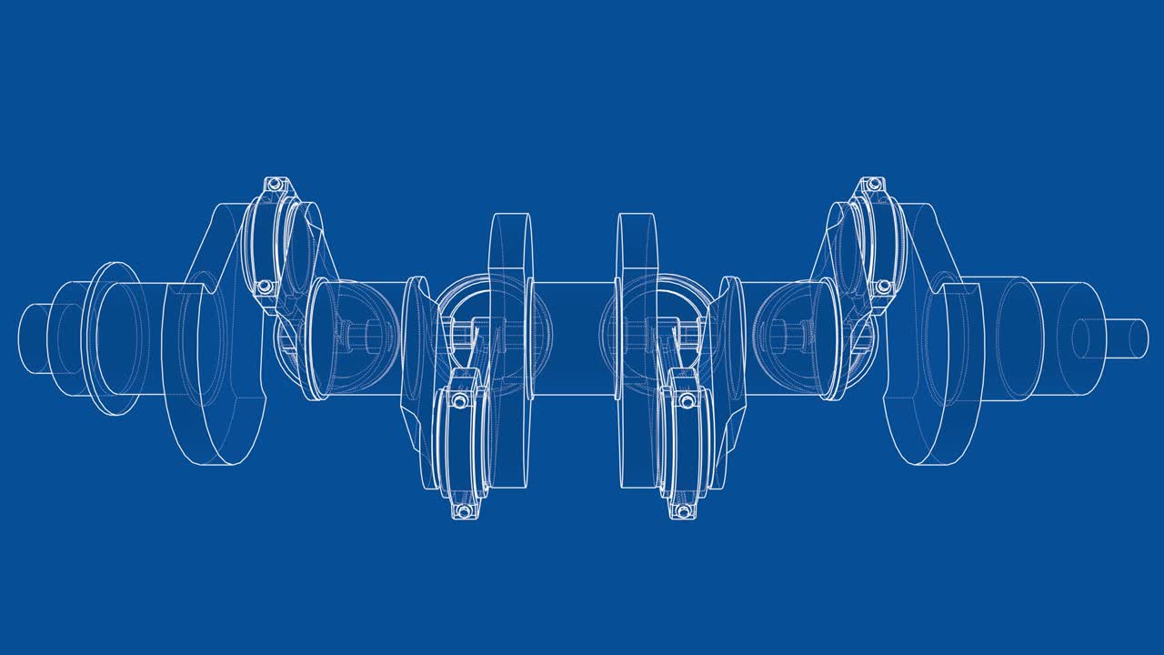 크랭크 샤프트와 4 개의 피스톤의 애니메이션. 와이어 프레임 또는 블루프린트 스타일