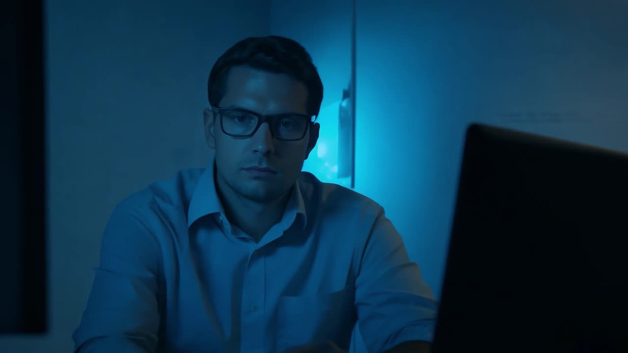 A man working late at night on his computer.