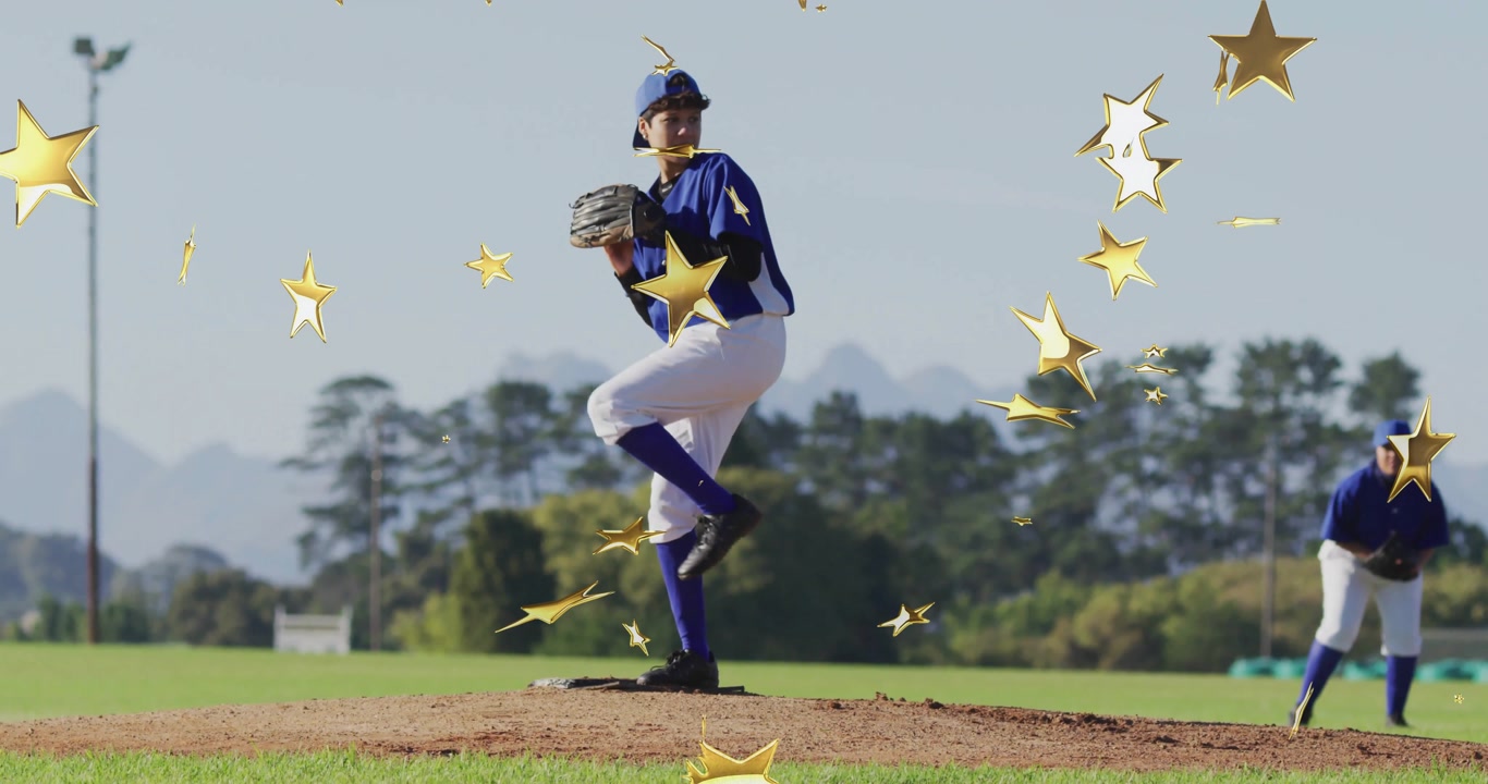 Pitcher initiating wind-up, launching baseball toward plate amid gold stars for sports training