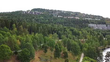 Una-Breve-Panorámica-De-Algunas-Casas-Construidas-En-Una-Colina-De-Madera-Verde-En-Noruega