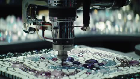 an intricate mosaic creation process captured in two frames, showcasing the detailed application of gems and glass on a tile surface