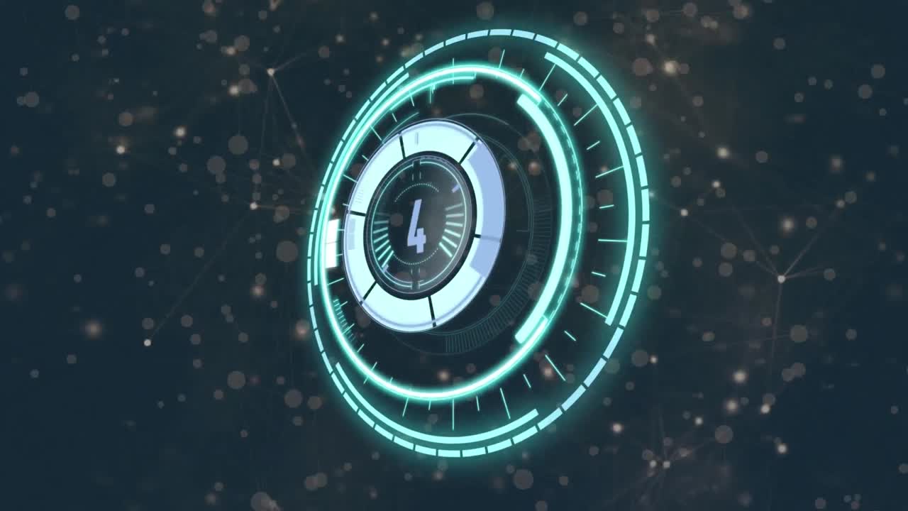 animación de escaneo de alcance con cuenta atrás a través de la red de conexiones con puntos brillantes