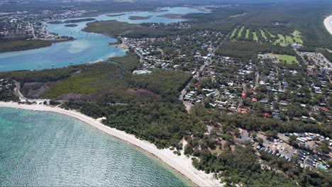 aerial view over myall lakes national park in new south wales, australia - drone shot